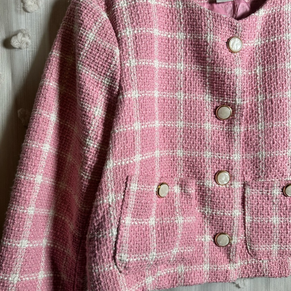 Rachel Zoe Women’s Pink and White Plaid Tweed Button-Down Blazer Jacket Size M - Picture 5 of 9